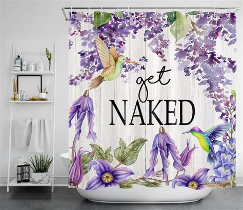 Hvest Get Naked Shower Curtain Purple Watercolor Flower And Bird Bathroom Shower Curtain With