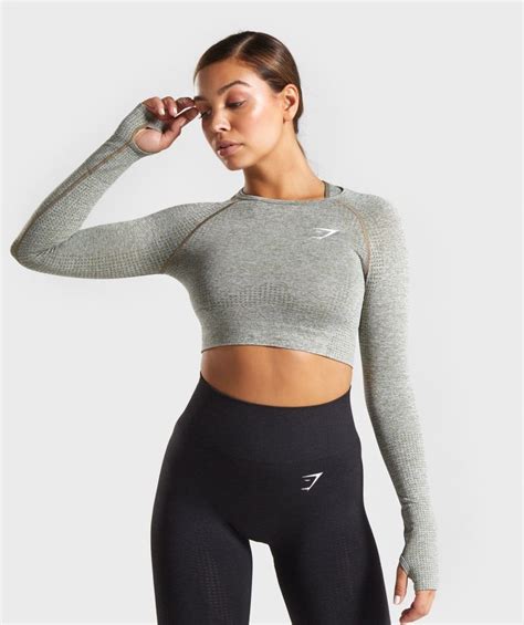 Gymshark Vital Seamless Long Sleeve Crop Top Khaki Marl Long Sleeve