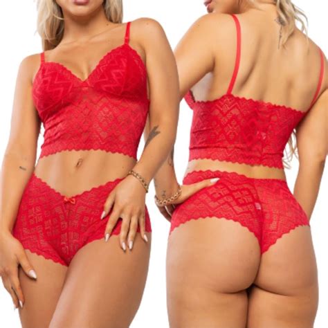 Kit Conjuntos Espera Marido Lingerie De Renda Cropped E Calcinha Short Sexy Shopee Brasil