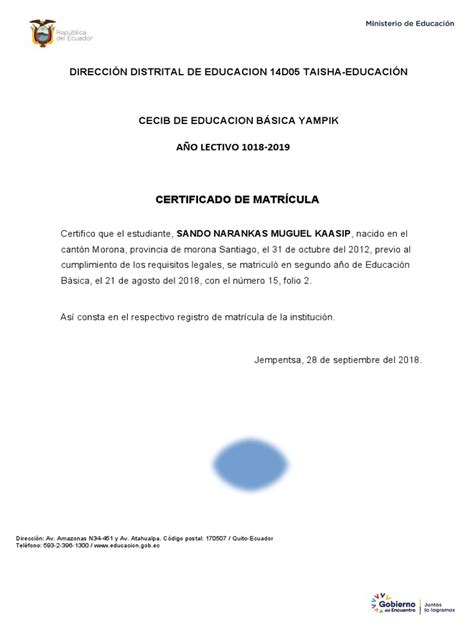 Certificado De Matricula Pdf