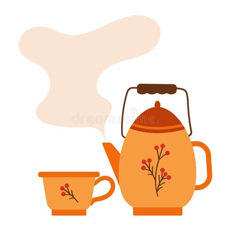 Cute Teapot With Hot Steam Cup And Herbs Rustic Teapot With Autumn
