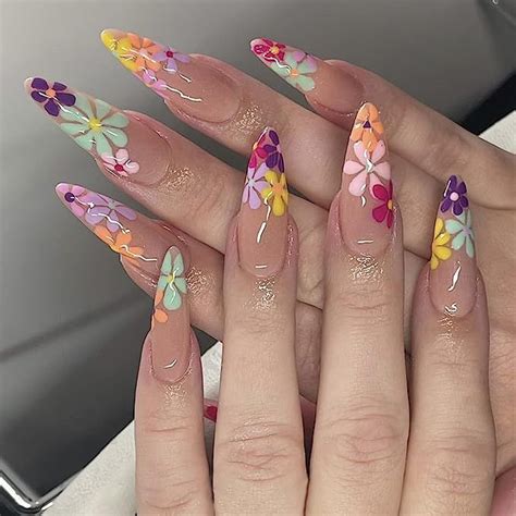 Pcs Nude Pink Press On Nails Long Stiletto Fake Nails With Daisy Flower Nail Tips Glue On
