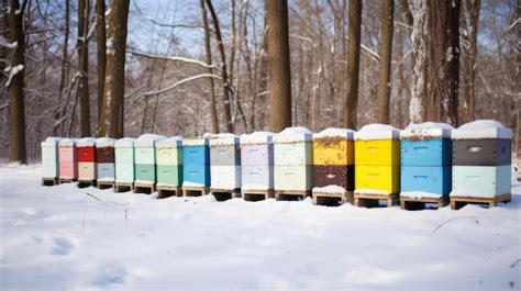 Premium Ai Image The Bee Hives Covered In Pristine White Snow Nestled