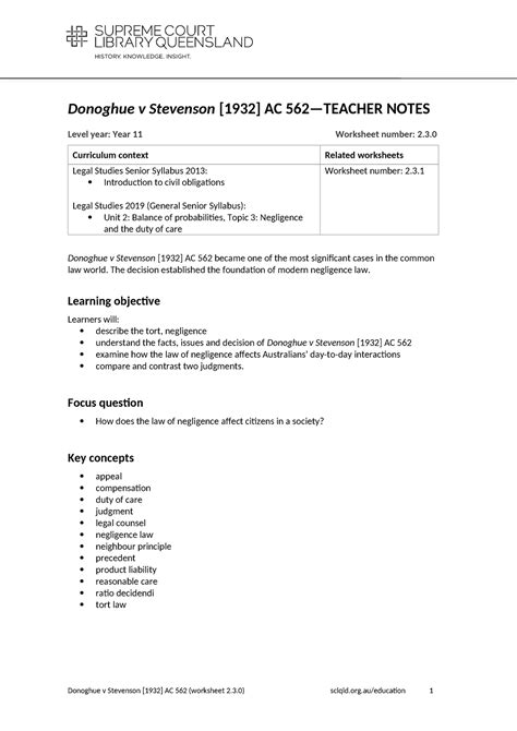 Donoghue V Stevenson Worksheet Donoghue V Stevenson 1932 AC 562