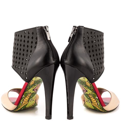 Nude And Black Ankle Strap Peep Toe Stiletto Heels Pumps US 13 EU 43