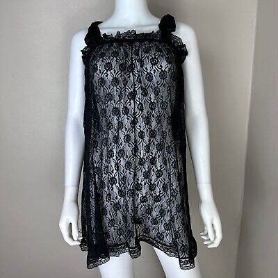 Vintage S Black Lace Baby Doll Nightgown S Lingerie Sleeveless Mini Sheer EBay