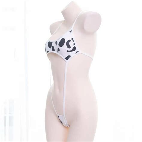 Kawaii Black White Cow Print Mini Backless One Piece Micro Bikini Jumpsuit Erotic Sex Costumes