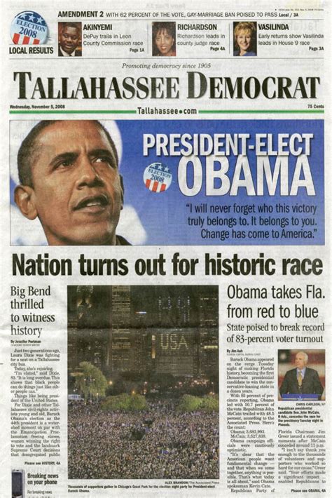 Florida Memory • Front Page Of The Tallahassee Democrat Newspaper Reporting The 2008 Victory For