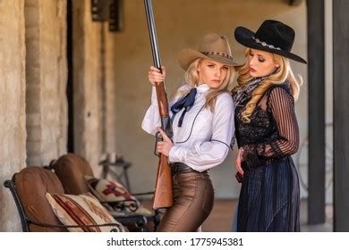 Two Gorgeous Blonde Models Dressed Cowgirls Stock Photo Shutterstock