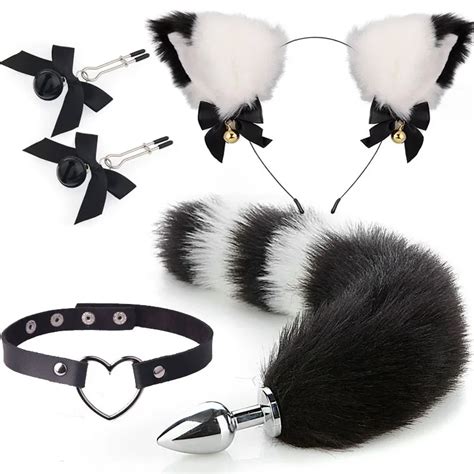 Pcs Cute Fox Tail Anal Plug Cat Ears Headbands Nipple Clip Neck Collar Set Erotic Cosplay