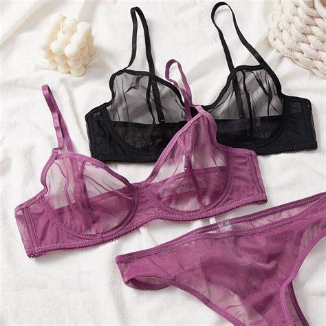 Cheap Sexy Lace Ultra Thin Bra Set For Women Mesh Transparent Lingerie French Underwire Push Up