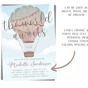Editable Hot Air Balloon Baby Shower Invitation Gender Neutral Shower Invite The World Awaits