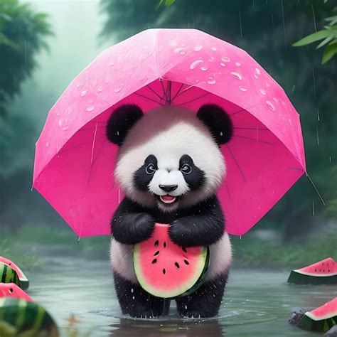Premium Ai Image Pink Watermelon Rain And Cute Panda