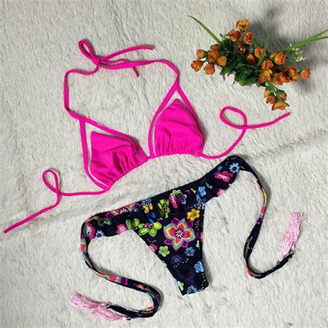 Sexy Gauze Floral Print Halter Bikini Set