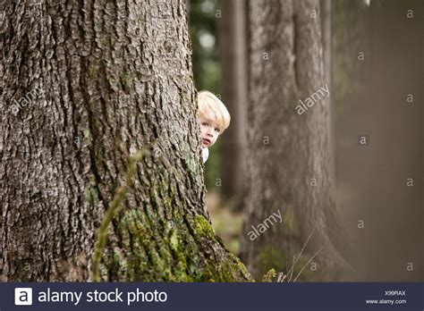 Cute Boy Hiding Behind Tree High Resolution Stock Photography And