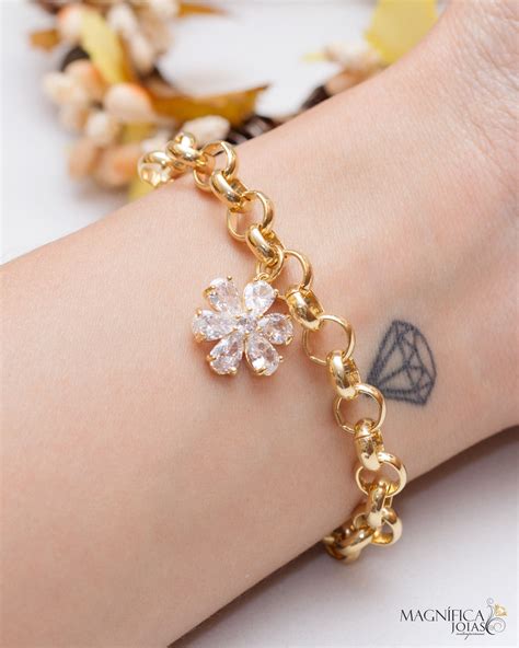 Pulseira Dourada Pingente De Flor Em Zirc Nia Semijoia Pulseiras