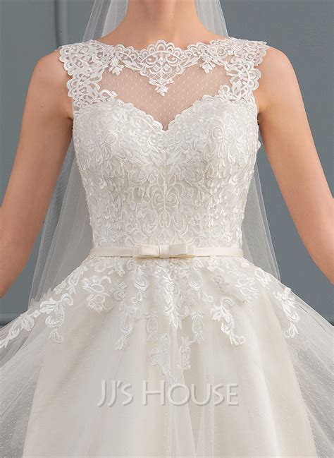 A Line Illusion Knee Length Satin Tulle Lace Wedding Dress With Bow S