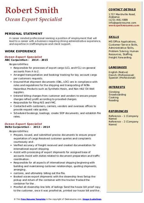 Ocean Export Specialist Resume Samples Qwikresume