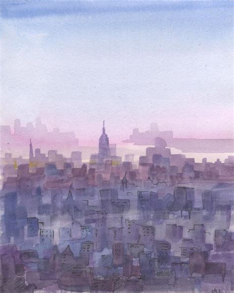 New York City Sunset Watercolor New York Cityscape Painting Nyc