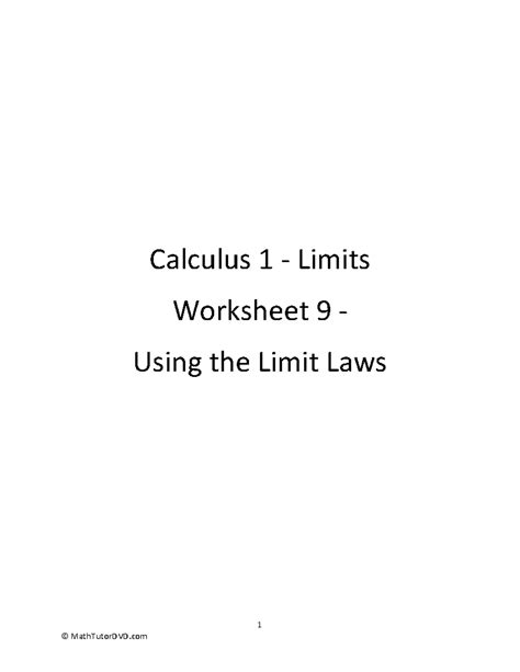 Limit LAWS Worksheets - PRACTICE MATERIALS - 1 Calculus 1 - Limits