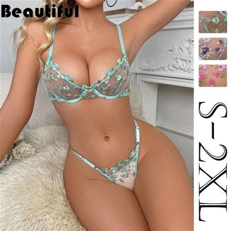 Conjunto De Soutien De Renda Floral E Calcinha Transparente Feminino Lingerie Sexy Amarela