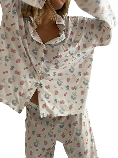 CAITZR Women S Pajama Sets Strawberry Print Long Sleeve Button Down