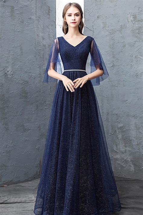 Navy Blue Sparkly Long Tulle Prom Dress With Puffy Sleeves Beaded Waist