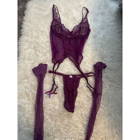 Vintage Purple Lingerie Set Corset Thong Stockings L Etsy