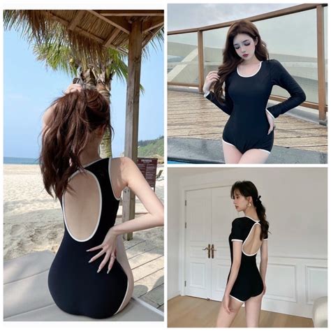 Bikini đi biển liền mảnh hở lưng Đồ bơi nữ liền thân tay dài kín đáo Shopnabi LMNEW3K