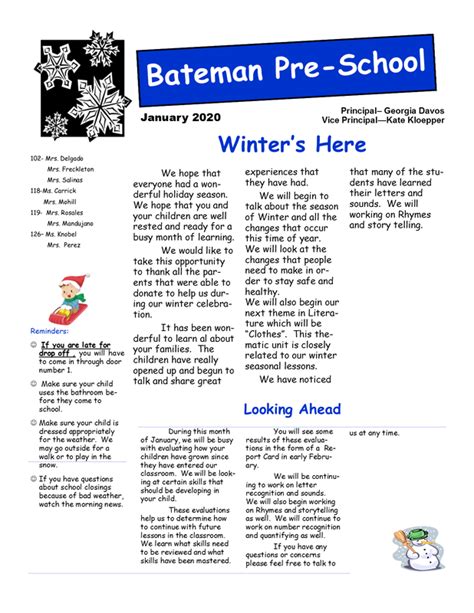 Pre School January Newsletter Newton Bateman Elementary School