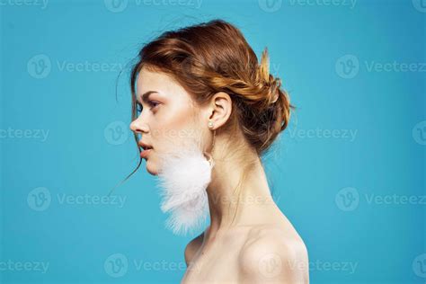 Pretty Woman Naked Shoulders Earrings Jewelry Fashion Blue Background Stock Photo At