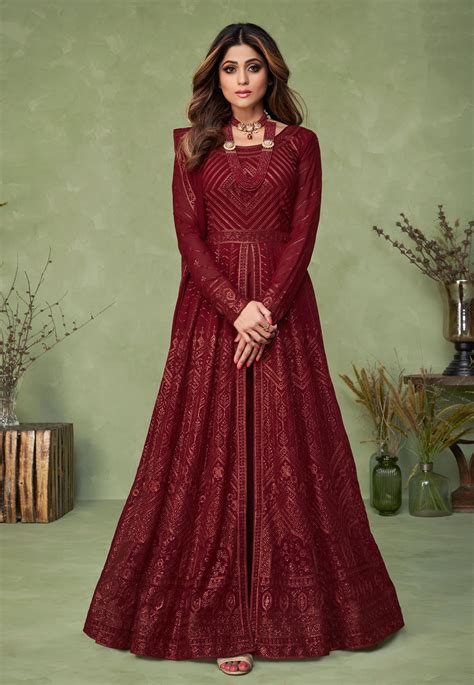 Shamita Shetty Maroon Georgette Embroidered Center Slit Anarkali Suit 9145