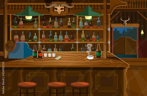 Wild West Bar In Wooden Style With Lots Of Alcohol Vector Illustration