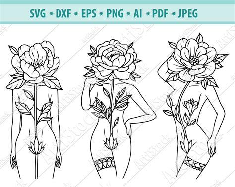 Floral Woman Svg Woman Body Svg Woman With Flower Head Svg Naked Womans Svg Floral Svg