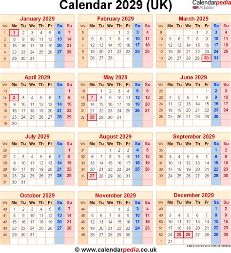 Calendar 2029 Uk With Bank Holidays And Week Numbers