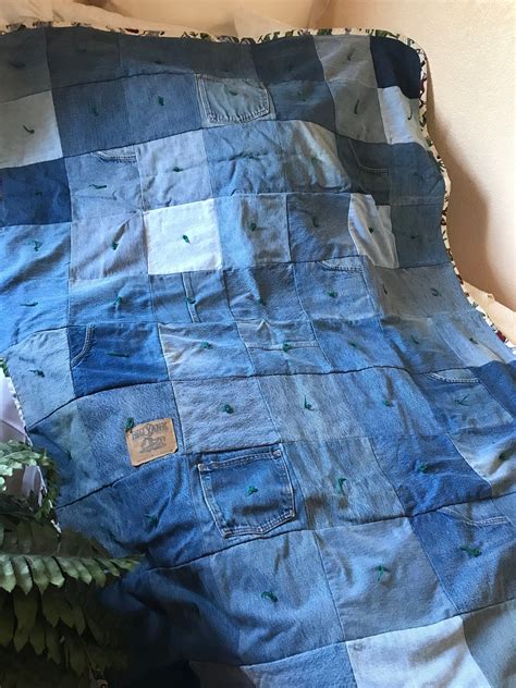 Vintage Handmade Patchwork Denim Quilted Blanket Bedspread 59x36 Denim