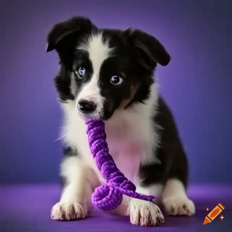 Border Collie Puppy Playing With A Purple Rope Toy