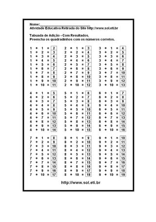 Tabuada da adição resultados PDF