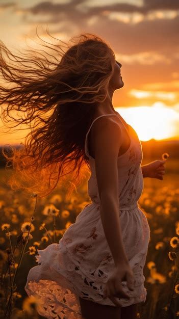 Premium Photo | Carefree young woman dancing in a field of flowers at ...