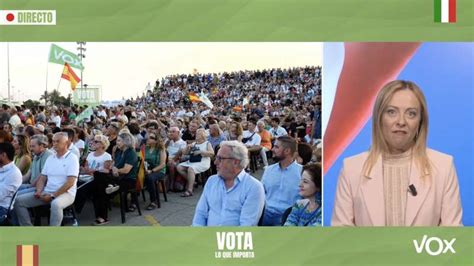 Giorgia Meloni In Collegamento Con Il Comizio Di Vox A Valencia