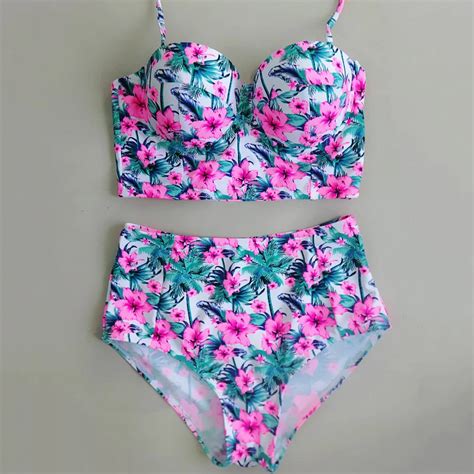High Waist Bikini Push Up Sweet Bathing Suits Flower Pattern Bikinis Women Two Piece Swimsuit