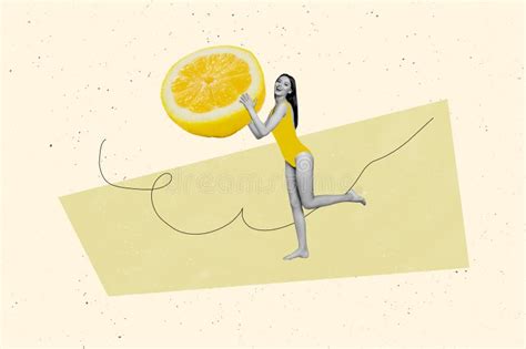 Creative Art Banner Collage Of Happy Girl Wear Bikini Hold Lemon Half Citrus Fruit Juicy Vitamin