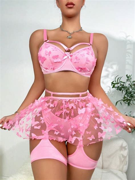 Butterfly Appliques Mesh Underwire Lingerie Set With Pair Leg Ring