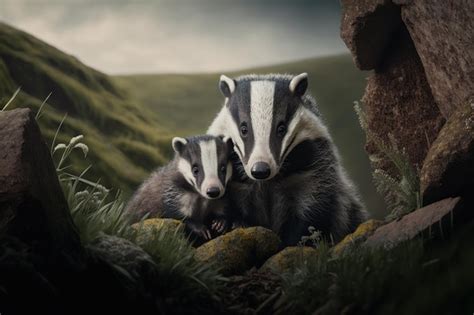 Premium Photo | Badger with cub in natural habitat generative ai