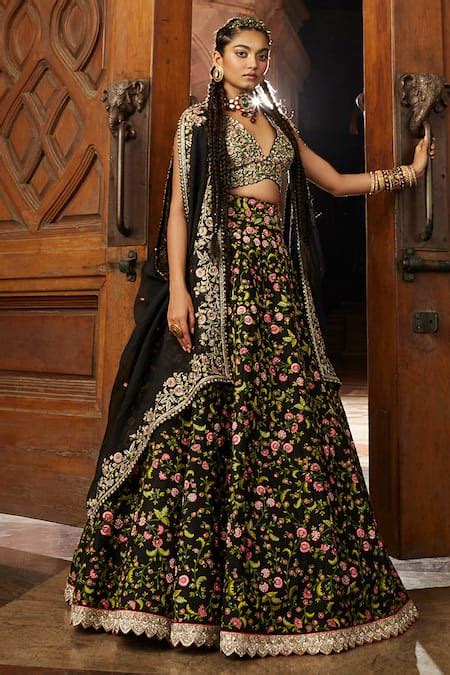 Buy Black Raw Silk Embroidered Twine Plunge V Neck Floral Lehenga Set