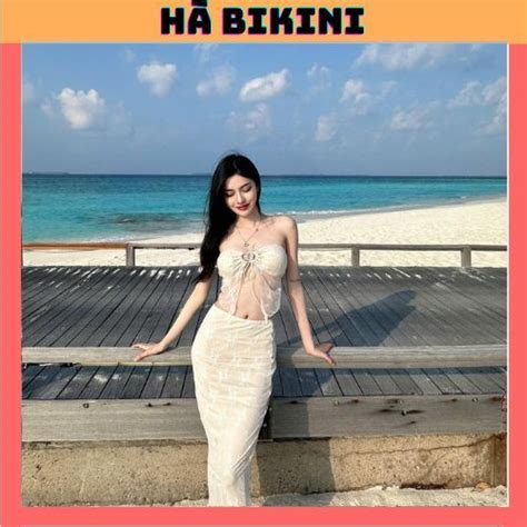BKN 062 Bikini đồ đi biển set REN HOA có mút phối váy đuôi cá dài nữ tính HÀ BIKINI Shopee