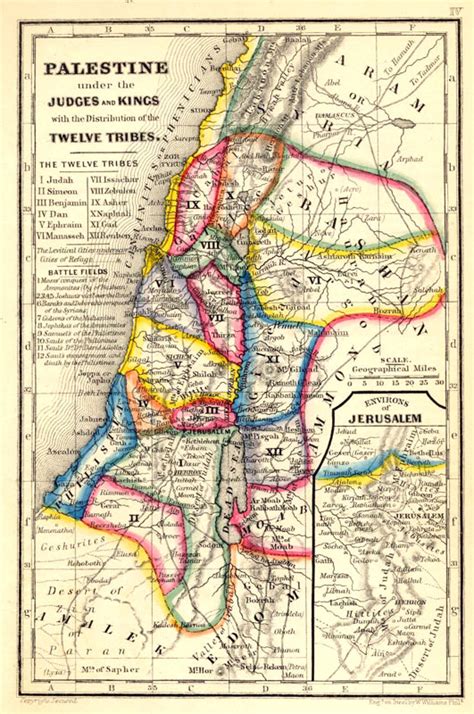 biblical map  palestine   judges  kings  engraved