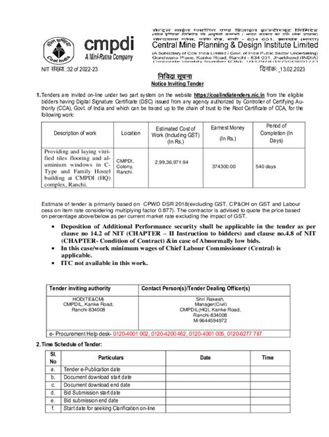 Fillable Online Tenders Are Invited On Line Under Two Part System On