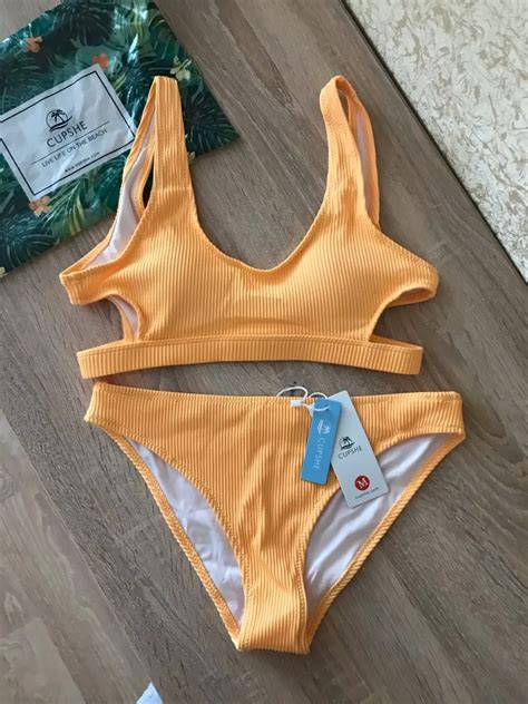 Yellow Feather Yarn Solid Bikini Set Plain Hollow Out Padded Two Pieces Allkpop Shop