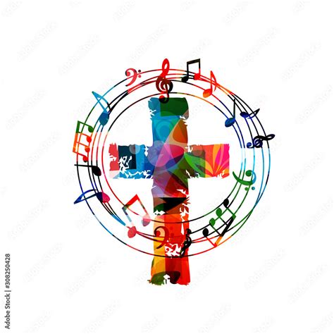 Colorful Christian Cross With Music Notes Isolated Vector Illustration